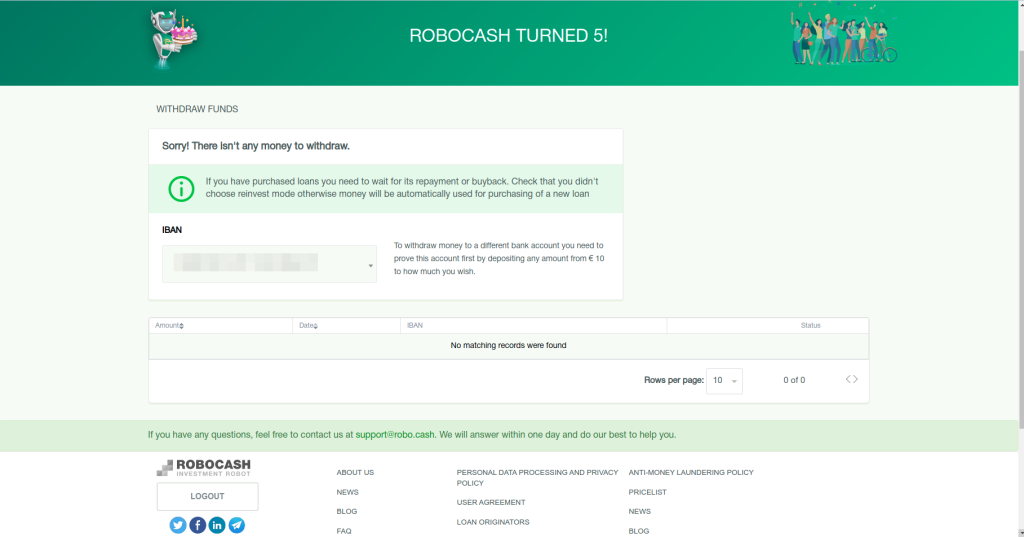 Robocash withdraw page