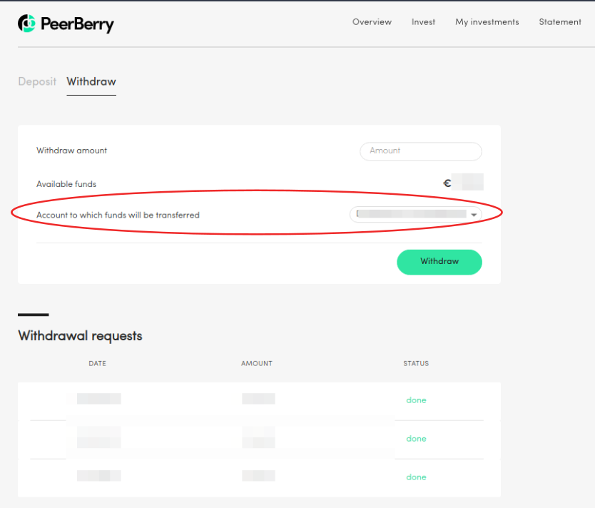 Peerberry page de retrait et choix du compte